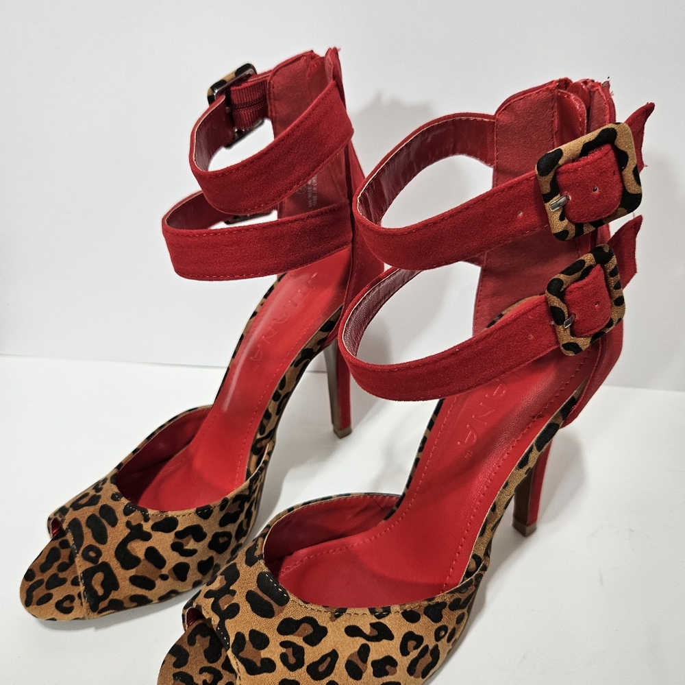 Liliana Leopard Print Double Strap, Peep Toe Stilettos Sexy Shoes Sz 7 - Picture 6 of 7